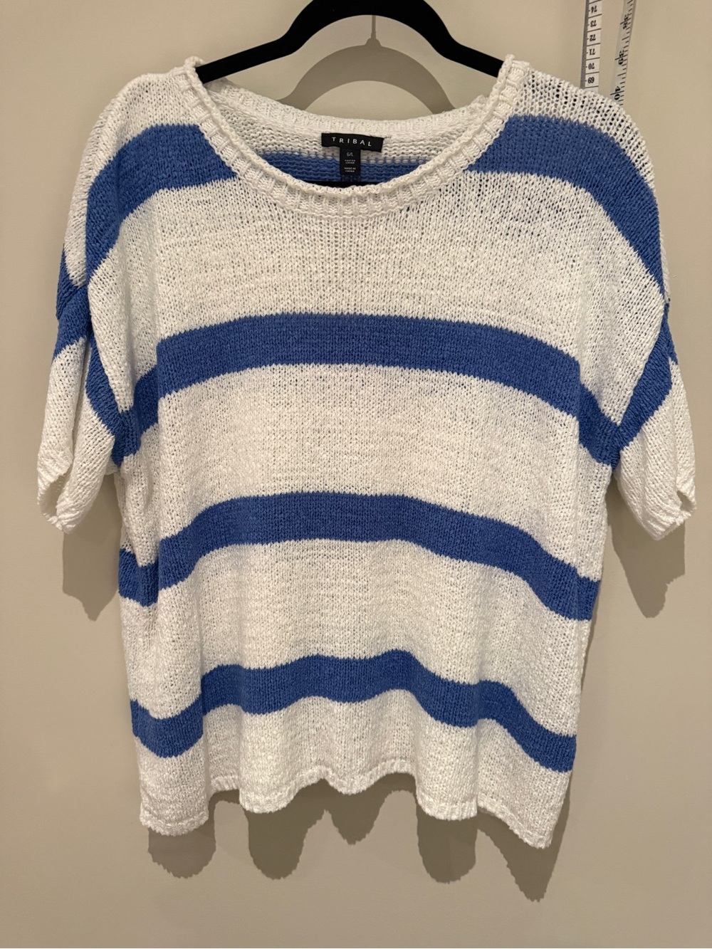 Tribal Blue White Striped Open Knit Sweater Top Coastal Nautical L